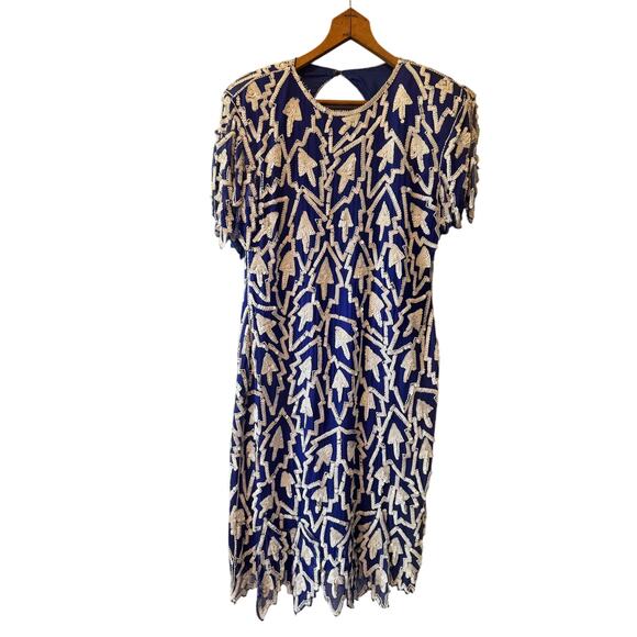 Vintage Swee Lo | Blue + White Sequin Silk Cocktail Dress | Size Small - Picture 2 of 6